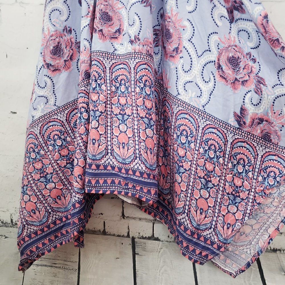 Japana Seersucker Handkerchief Hem Sun Dress Size XS Blue Floral Spaghetti Strap - Picture 3 of 6